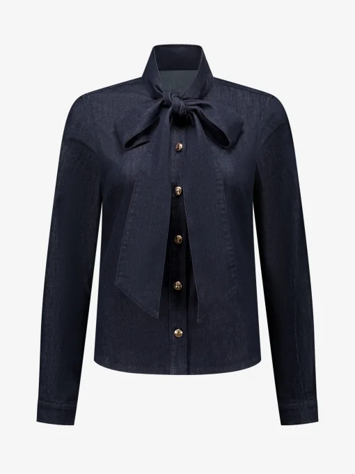 Denim blouse met strikkoord