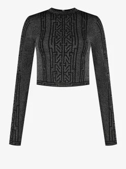 Korte glitter top met col en logo patroon