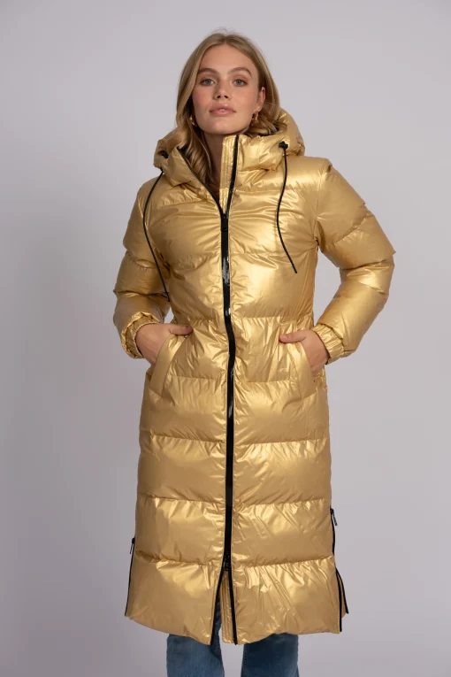 Lange puffer jas met metallic look