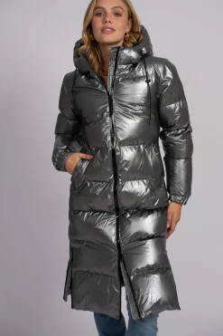 Lange puffer jas met metallic look