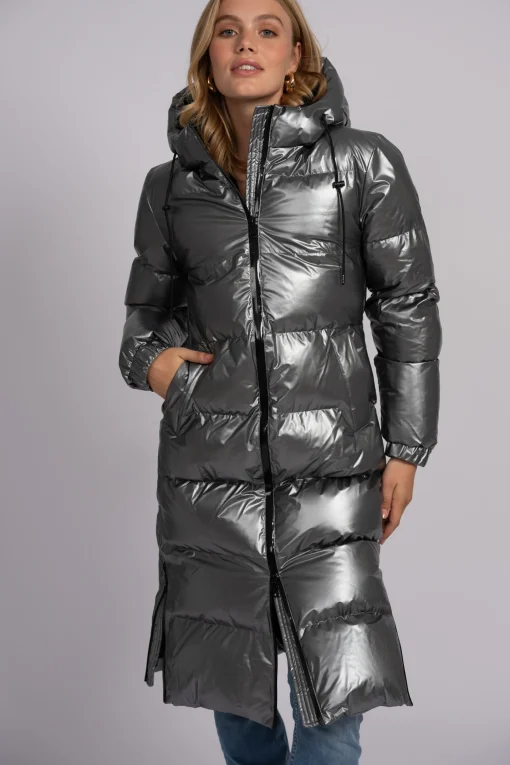 Lange puffer jas met metallic look