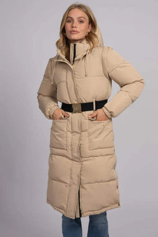 Lange puffer jas met riem en afneembare mouwen