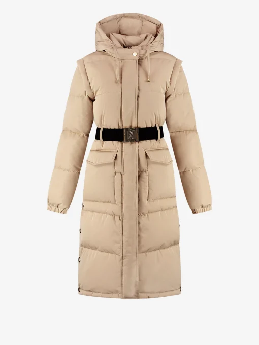 Lange puffer jas met riem en afneembare mouwen