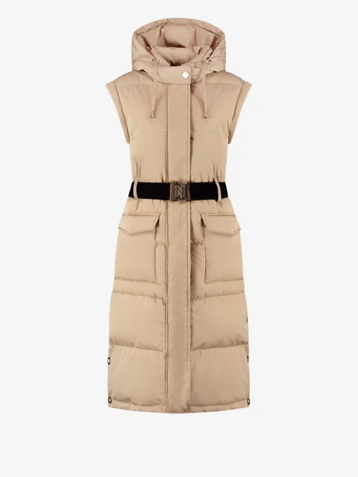 Lange puffer jas met riem en afneembare mouwen