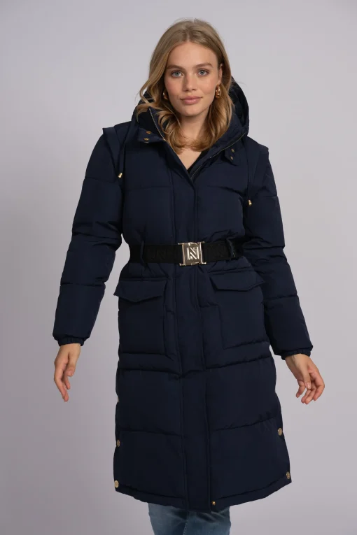 Lange puffer jas met riem en afneembare mouwen