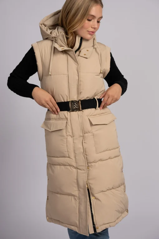 Lange puffer jas met riem en afneembare mouwen