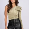 One shoulder top met strik op schouder
