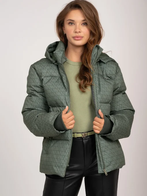 Puffer jack met logo patroon en capuchon