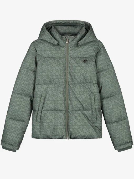 Puffer jack met logo patroon en capuchon