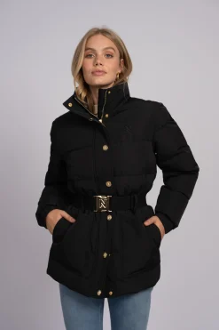 Puffer jas met hoge hals en riem