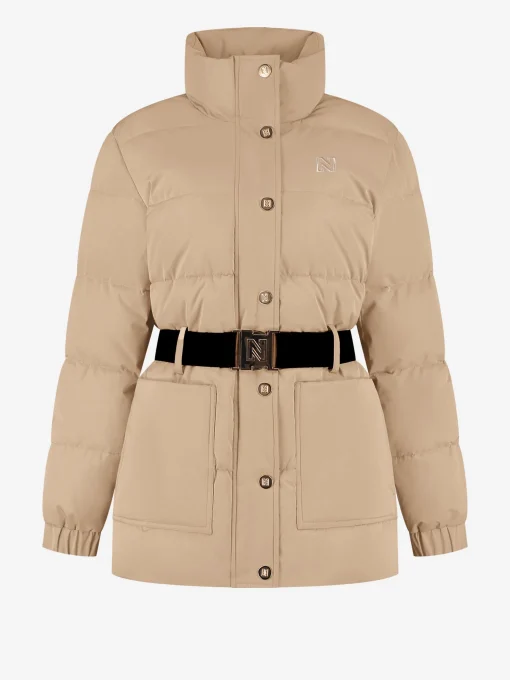 Puffer jas met hoge hals en riem