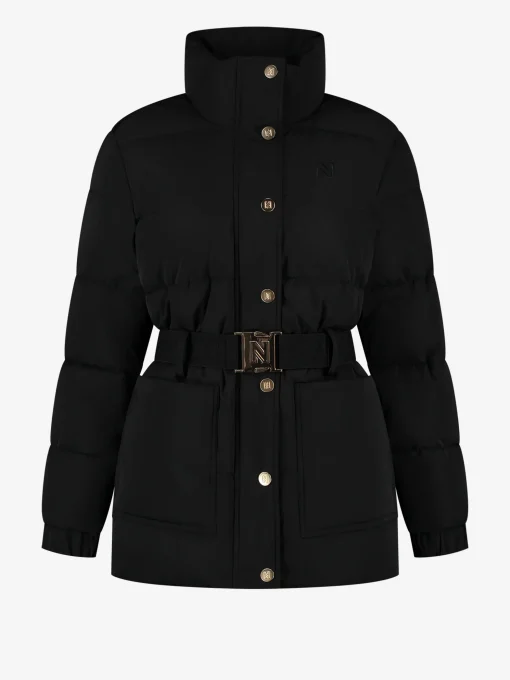 Puffer jas met hoge hals en riem