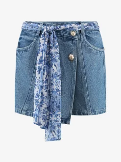 Denim skort met gekruiste tailleband