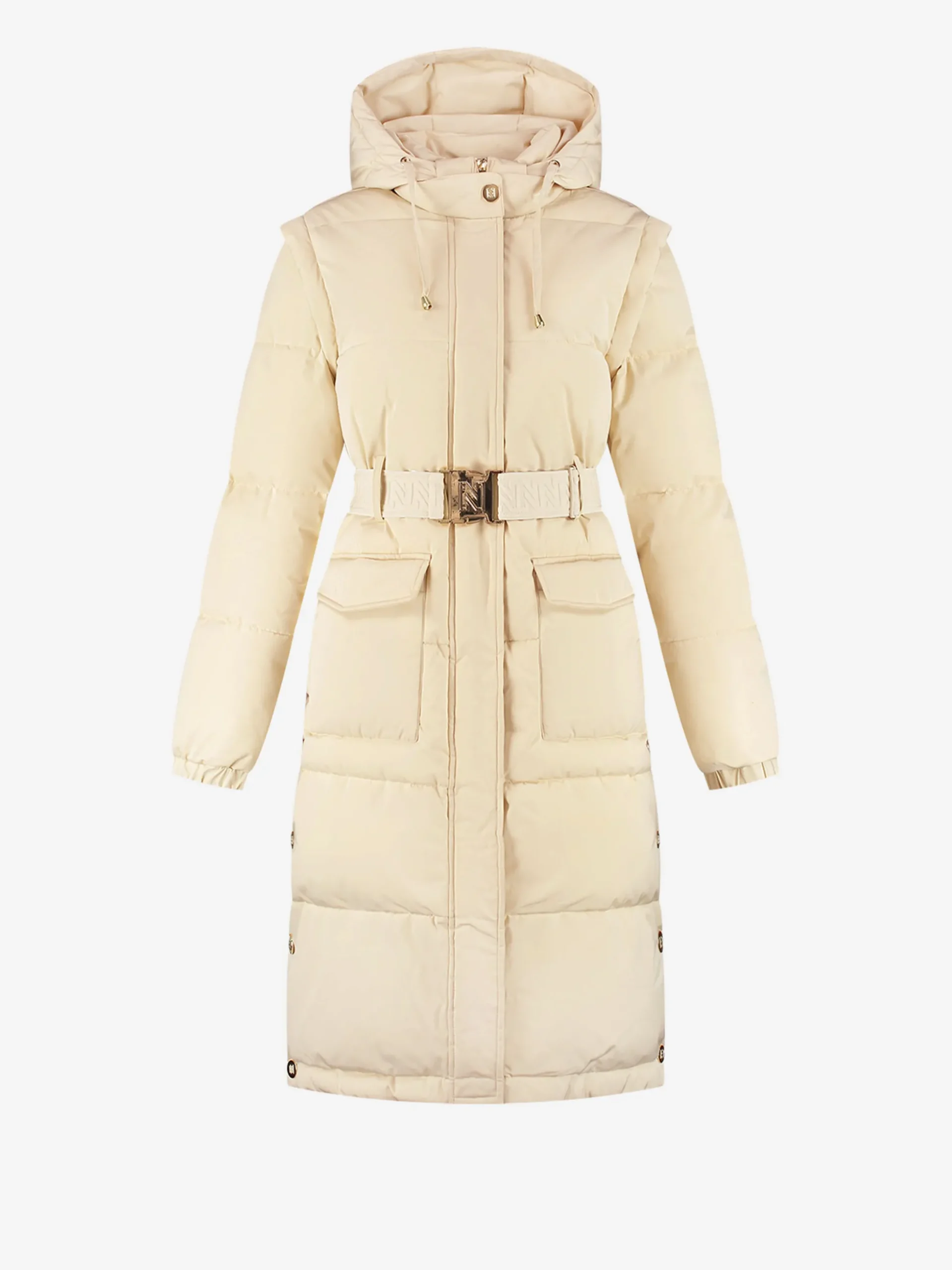 Lange puffer jas met riem en afneembare mouwen