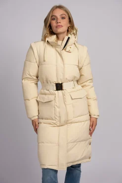 Lange puffer jas met riem en afneembare mouwen