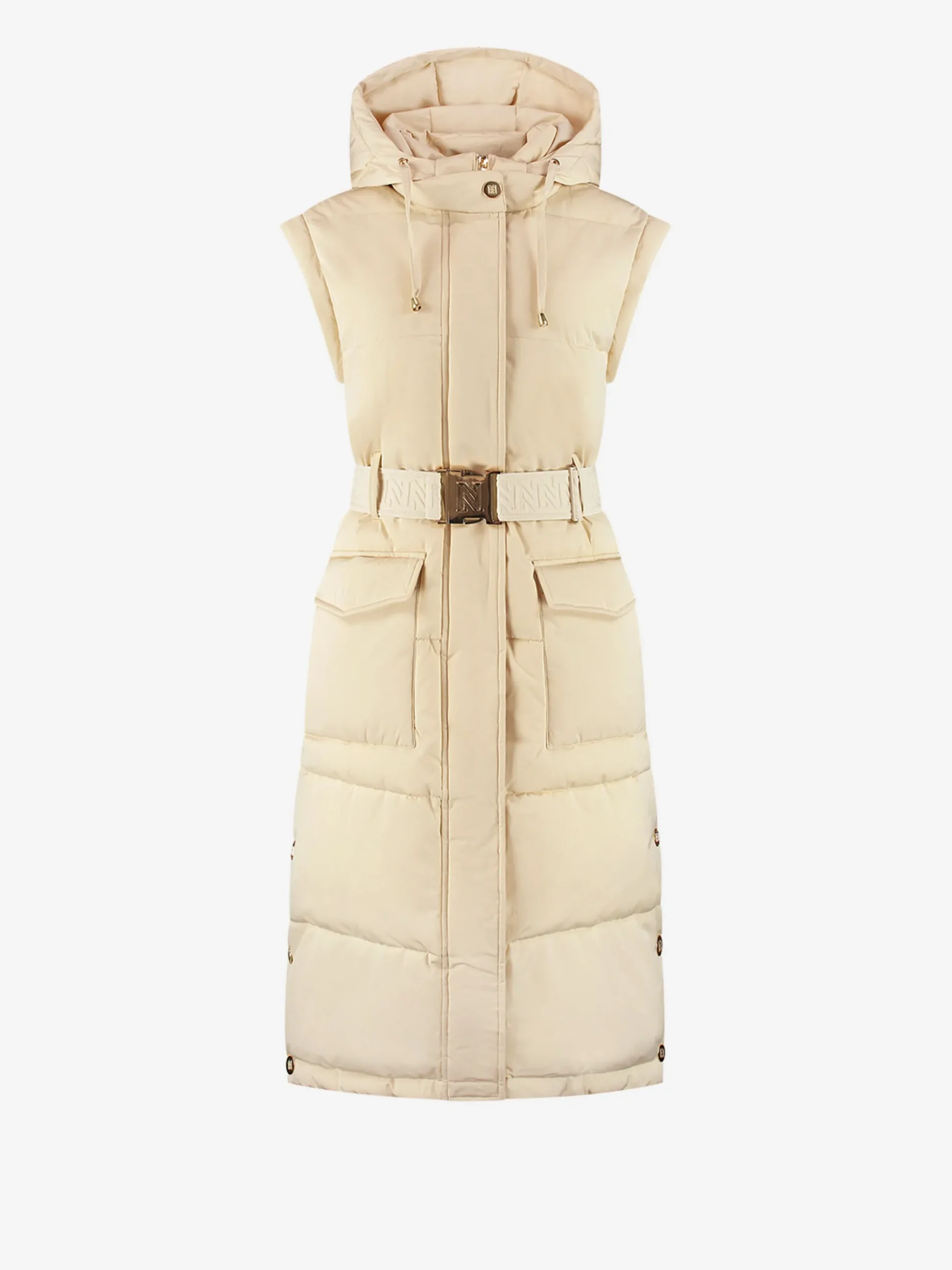 Lange puffer jas met riem en afneembare mouwen