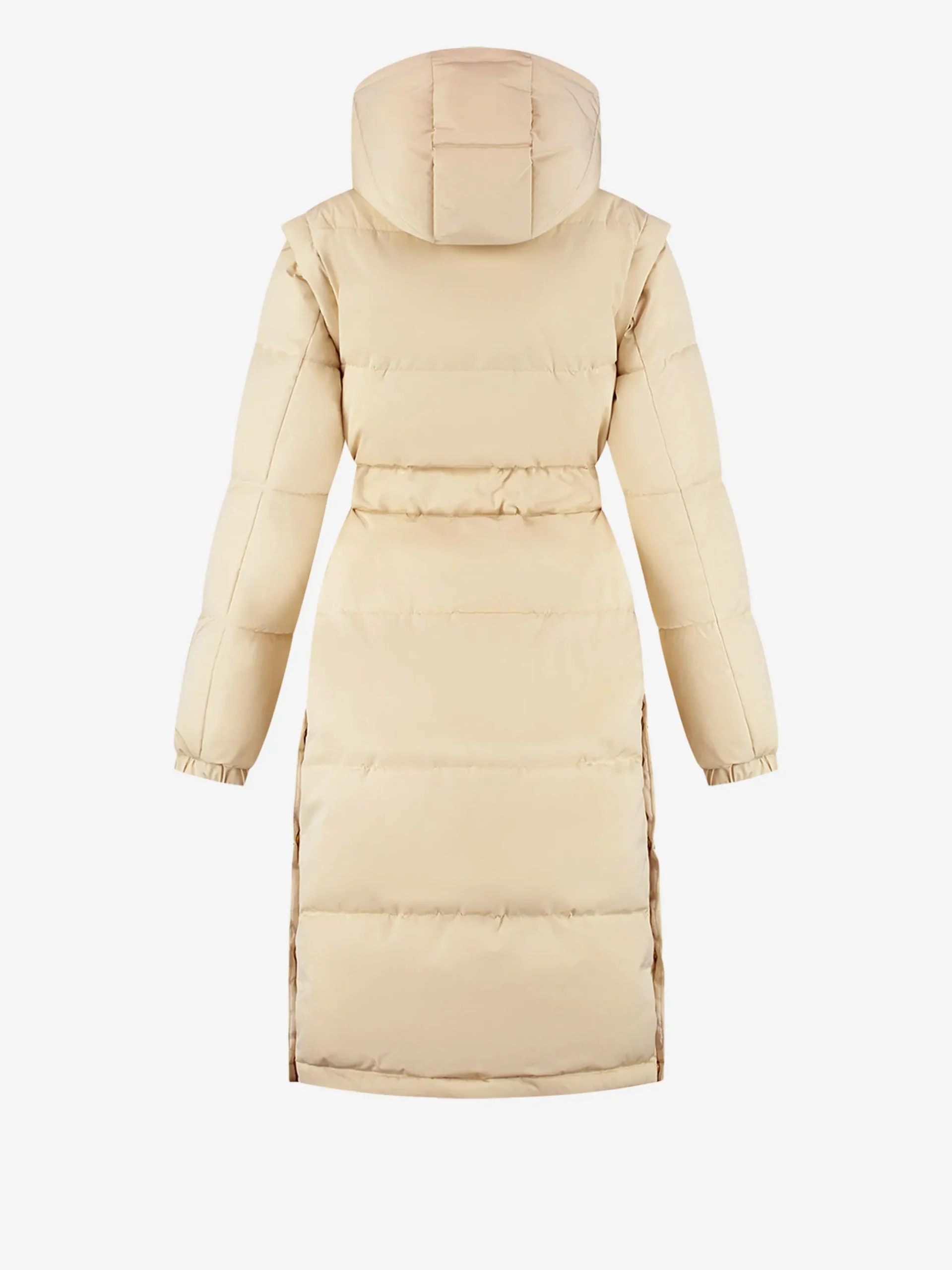 Lange puffer jas met riem en afneembare mouwen
