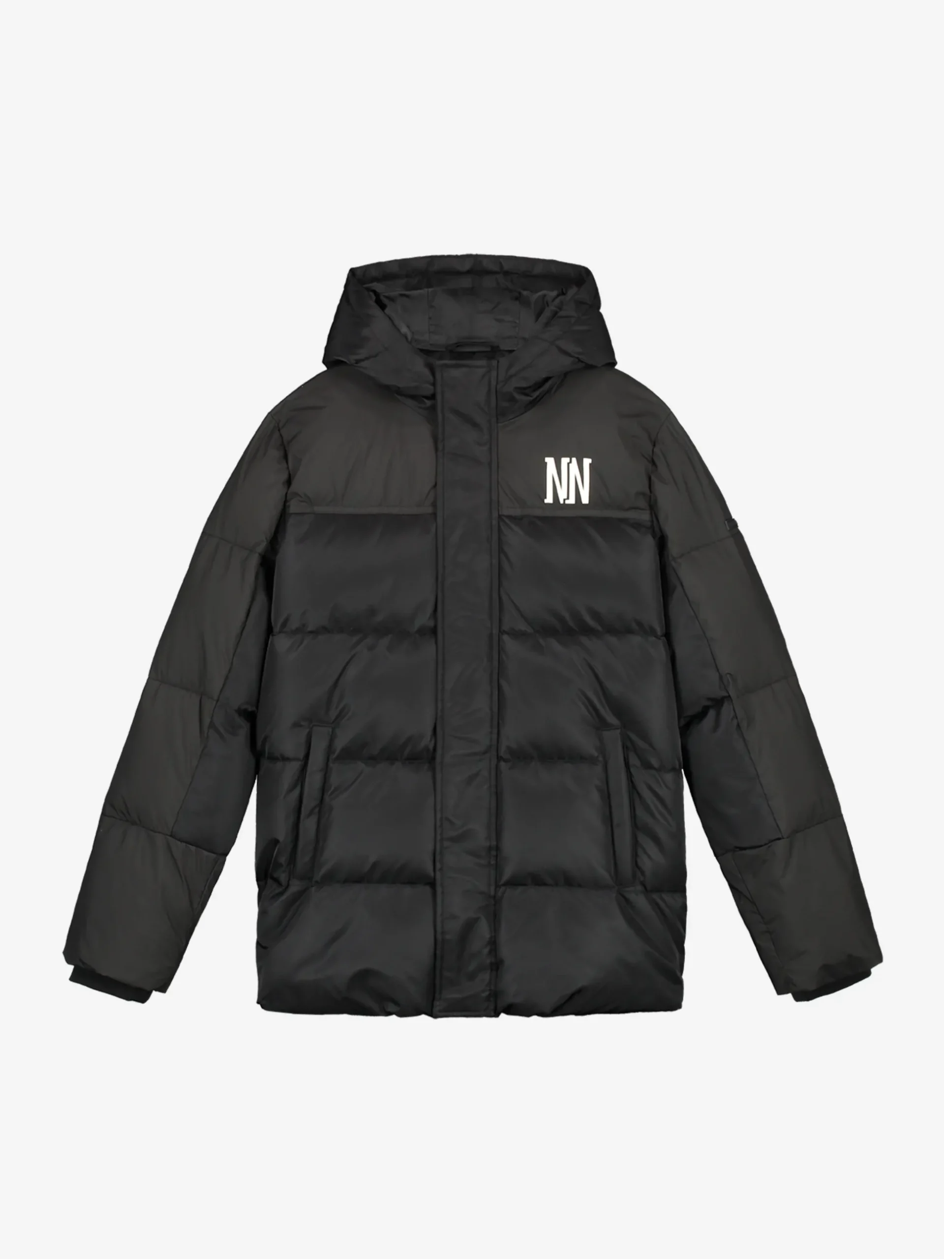 Puffer jack met capuchon en logo