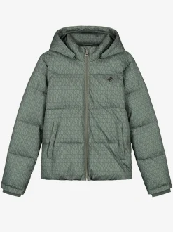 Puffer jack met logo patroon en capuchon