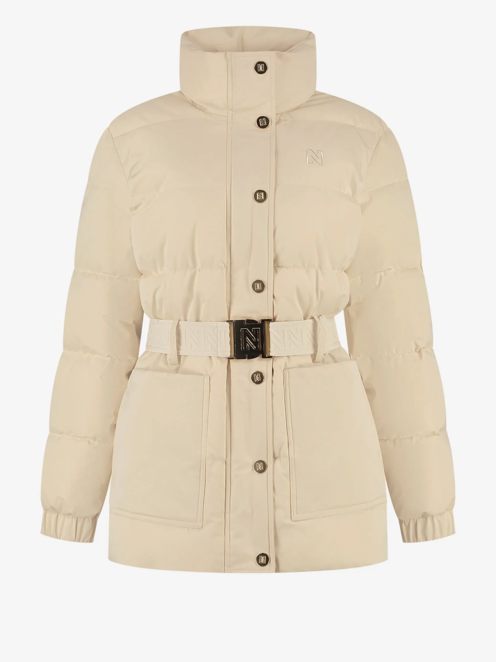 Puffer jas met hoge hals en riem